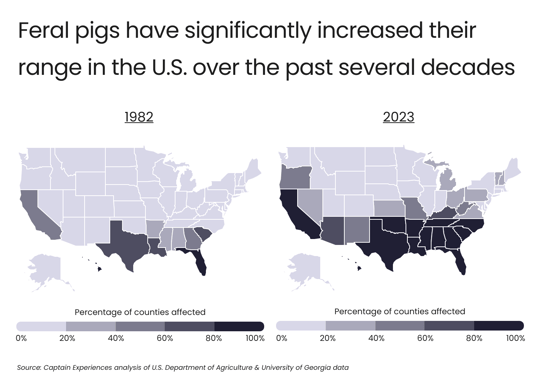 Map of counties affected by wild hogs