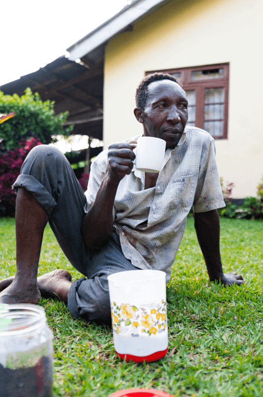 Chaga man drinking homemade coffee